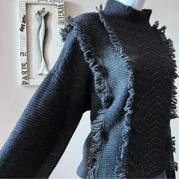 Loft Black Fringe Cable Knit Turtleneck Sweater Size L - Picture 3 of 10